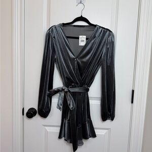 Charcoal Gray Velvet Wrap Long-Sleeve Dress with Tie Waist